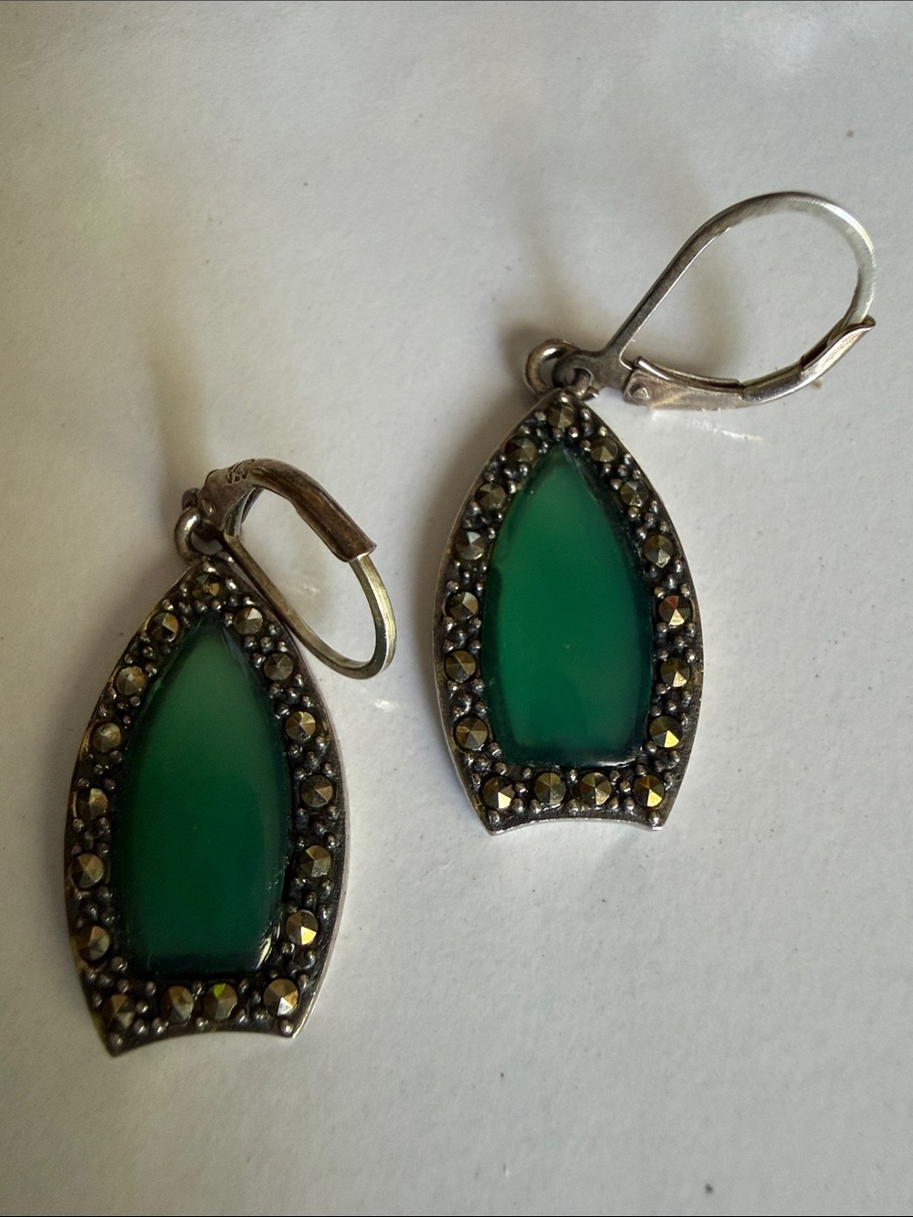 Sterling Art Deco green onyx/ chalcedony Teardrop Marcasite Leverback Earrings